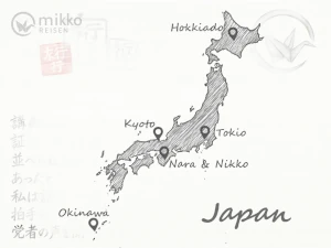 Gezeichnete Karte von Japan, die schönsten Reiseziele markiert