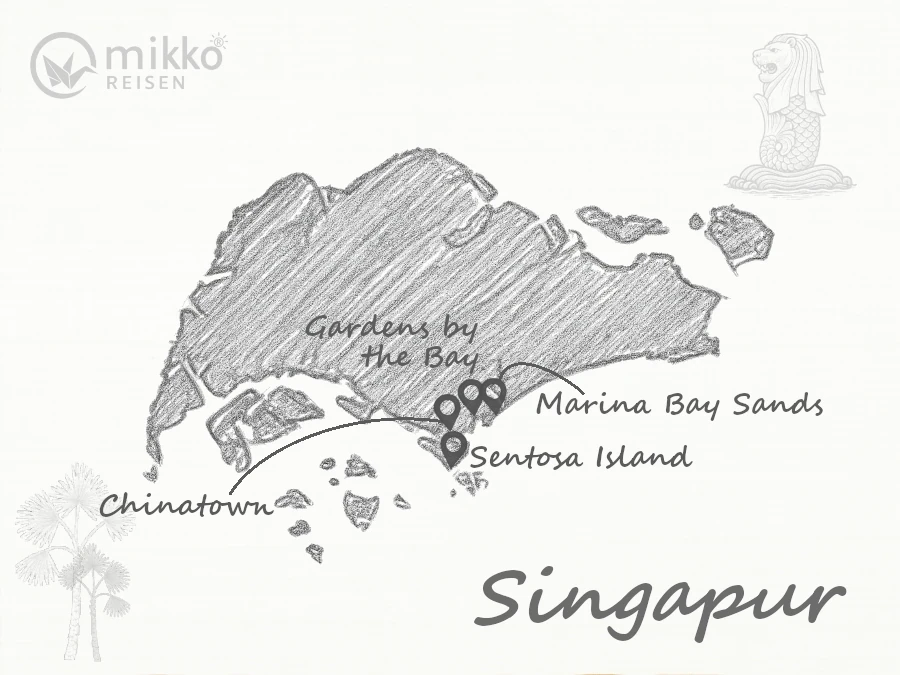 Gezeichnete Karte von Singapur mit weichem Papyrus im Hintergrund. Die wichtigsten Reiseziele für Pauschalreisen in Singapur sind markiert.