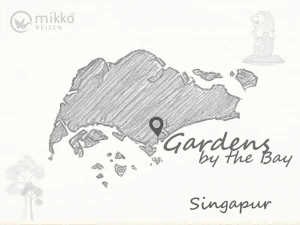 Gezeichnete Singapur-Karte, auf der das Reiseziel Gardens by the Bay markiert ist.