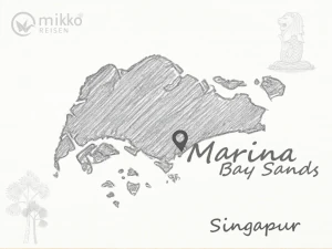 Gezeichnete Singapur-Karte, auf der das Hotel Marina Bay Sands markiert ist.