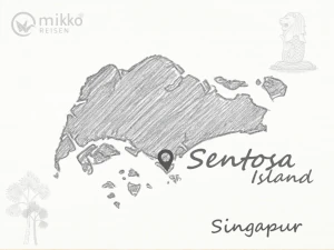 Gezeichnete Singapur-Karte, auf der das Reiseziel Sentosa Island markiert ist.